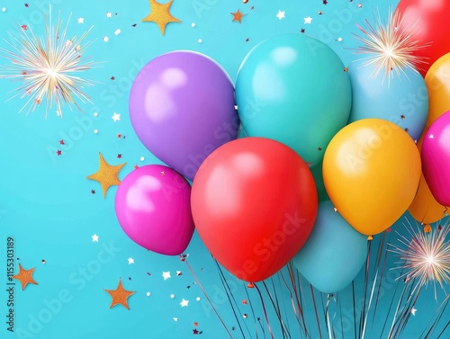 Colorful Balloons with Sparkles and Stars for Celebrations and Parties in a Vibrant Blue Background