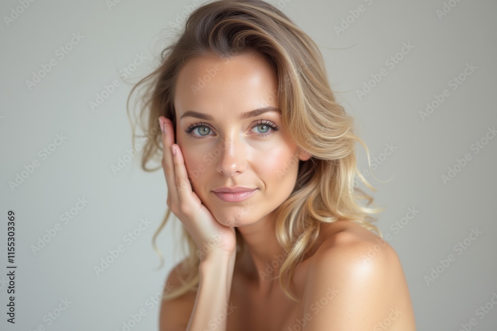 Naklejka premium Close-up of a beautiful blonde fashion model with radiant skin and soft wavy hair, showcasing natural beauty, ideal for skincare, beauty, and lifestyle promotions.