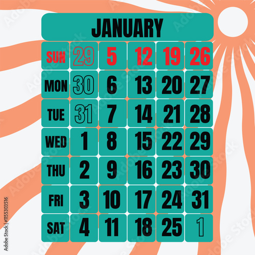 Letter calendar for January 2025. The week begins on Sunday. Time, planning and schedule concept. Flat design. Removable calendar for the month. Vector illustration
