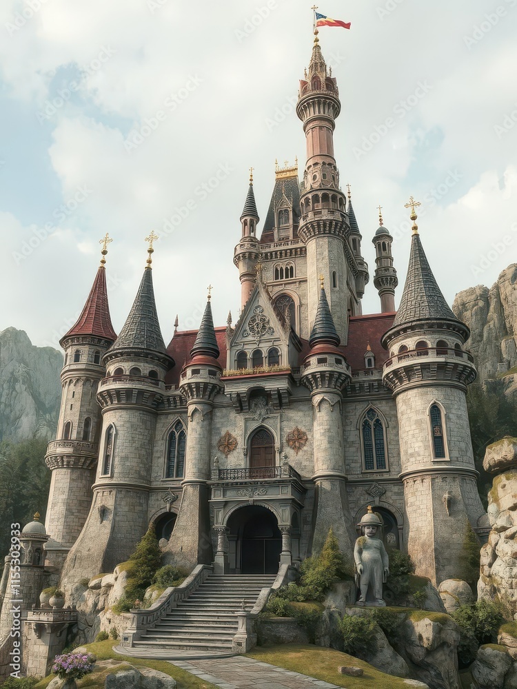 Intricate painted castle scene, ideal for theatrical production, royalty-free, artwork Intricate painted castle scene, ideal for theatrical production, royalty-free, artwork