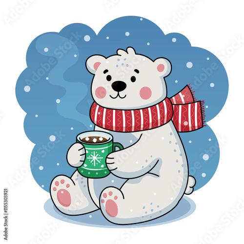 Cute white teddy bear with a cup of hot chocolate