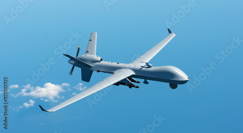 Drone, flying in blue sky for military surveillance or aerial technology. Unmanned aerial vehicle, spy aircraft, remote control airplane for security defense or monitoring