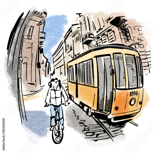 Street of italian city - Milan, Italy. free style drawing, architectural sketch