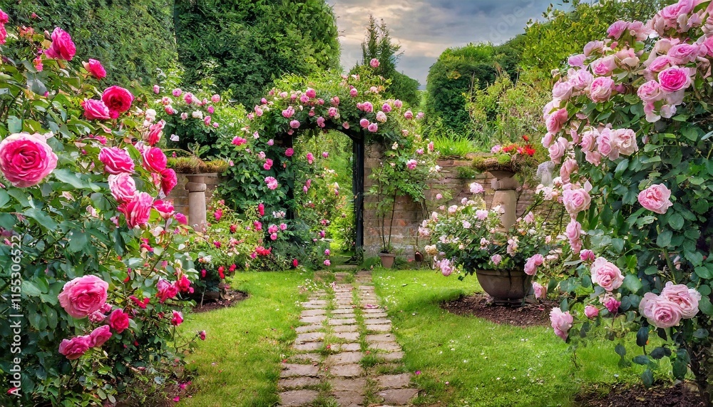 Naklejka premium Enchanted rose garden with stone path and floral archway, blooming pink roses in a lush romantic backyard, beautiful english cottage garden landscape with vibrant flowers and green foliage