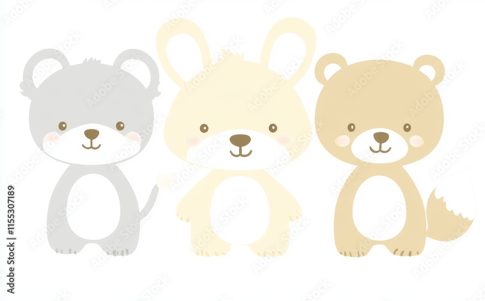 For baby cards, a modern set of illustrations featuring cute cartoon animals: lion, dog, bunny, bear, panda, tiger, cat, and fox For baby cards, a modern set of illustrations featuring cute cartoon animals: lion, dog, bunny, bear, panda, tiger, cat, and fox