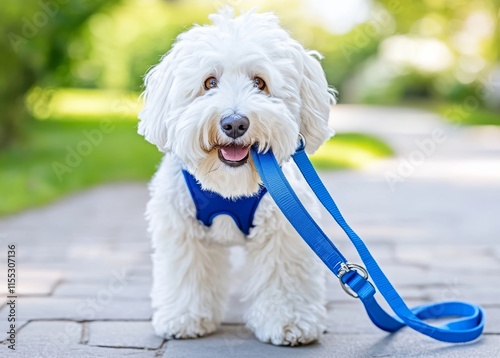 The dog, sporting a sorrowful gaze, is waiting in the street with a leash in its mouth, hopeful for its master