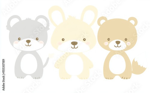 For baby cards, a modern set of illustrations featuring cute cartoon animals: lion, dog, bunny, bear, panda, tiger, cat, and fox photo