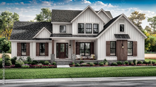 Modern Farmhouse Exterior Design: Charming Two-Story Home with White Siding, Brown Accents, and Landscaped Lawn photo