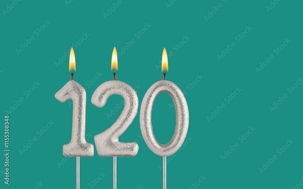 Birthday candle number 120 - Card on a green background. Birthday candle number 120 - Card on a green background.