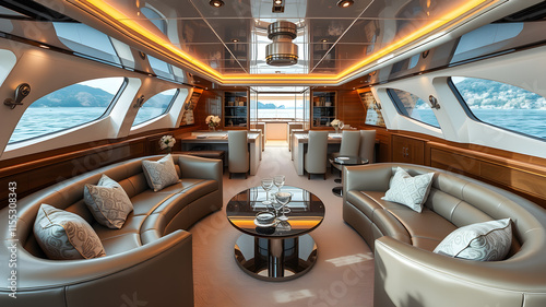 VIP lounge inside a luxury yacht featuring curved leather sofas, glass tables, and designer decor. Generative AI
