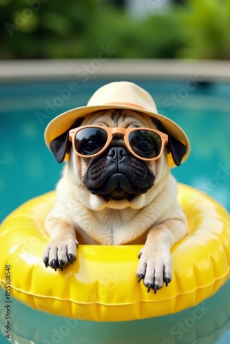 Cute pug lounging on pineapple pool float with sunglasses and hat, pug dog, pineapple floaty