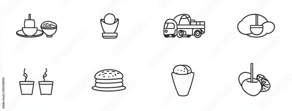 Fototapeta premium A set of modern, outlined food truck icons tailored for web design, with a white background