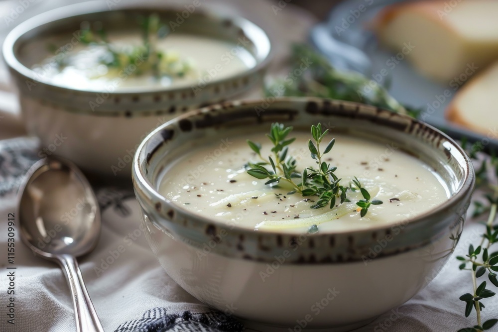 Two bowls of creamy potato soup garnished with fresh thyme and black pepper sit on a table with a spoon and bread nearby Two bowls of creamy potato soup garnished with fresh thyme and black pepper sit on a table with a spoon and bread nearby