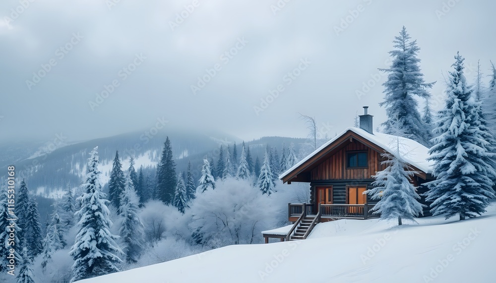 Cozy Wooden Cabin Nestled in a Snowy Mountain Forest Cozy Wooden Cabin Nestled in a Snowy Mountain Forest