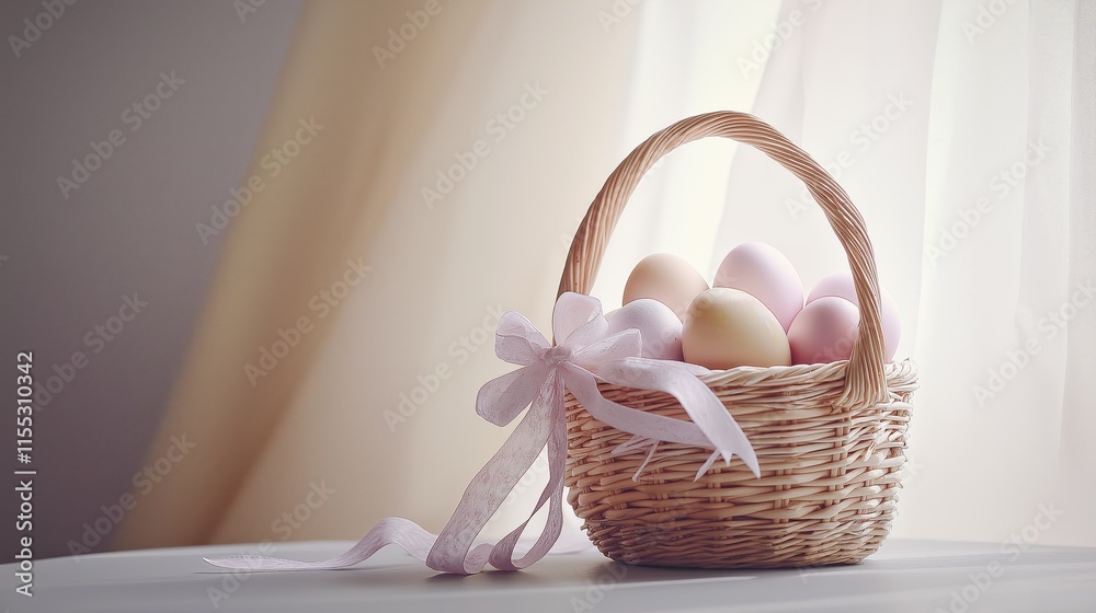 Wicker basket holding pastel Easter eggs placed on a white table near a sunlit window Wicker basket holding pastel Easter eggs placed on a white table near a sunlit window
