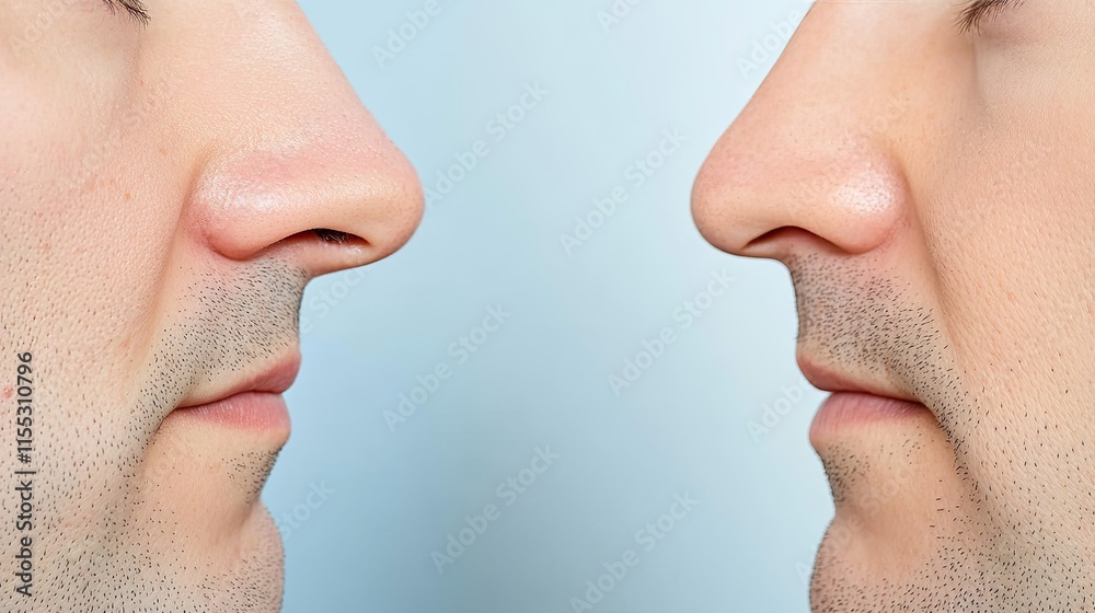 Obraz premium Close-Up Profiles of Two Male Faces Displaying Similar Nose Structures Against a Soft Blue Background