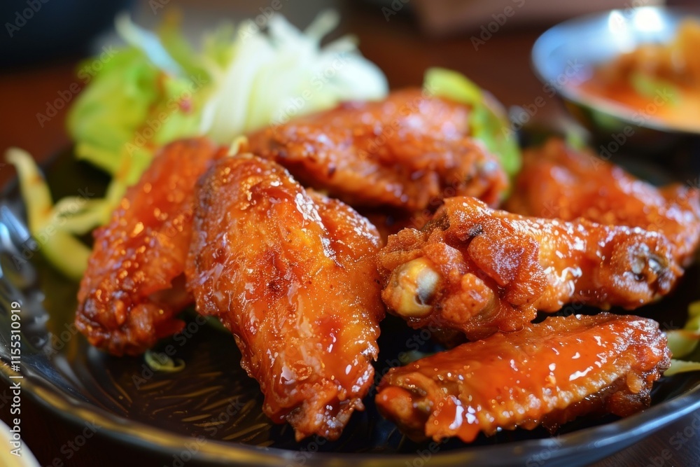 Fototapeta premium Roasted chicken wings glazed with a savory sauce and served with fresh salad on a black plate