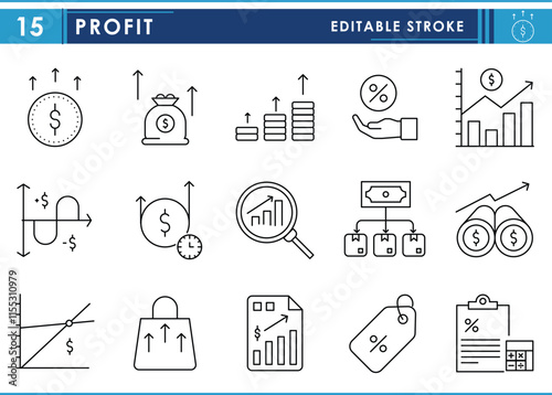 A set of line icons related to profits. Revenue, earning, cash flow, financial gain, surplus, growth, and so on. Vector editable stroke.