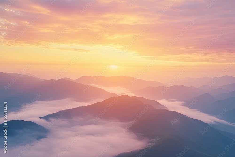 Plane is flying over mountain peaks in low clouds at golden sunrise. Top view of passenger airplane, colorful sky, hills in fog. Aircraft is taking off. Business travel. Commercial. Aerial view Plane is flying over mountain peaks in low clouds at golden sunrise. Top view of passenger airplane, colorful sky, hills in fog. Aircraft is taking off. Business travel. Commercial. Aerial view