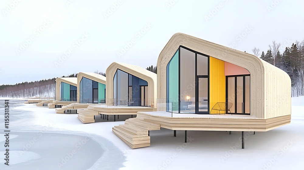 Modern Wooden Cabins Winter Lake Snowy Landscape Modern Wooden Cabins Winter Lake Snowy Landscape