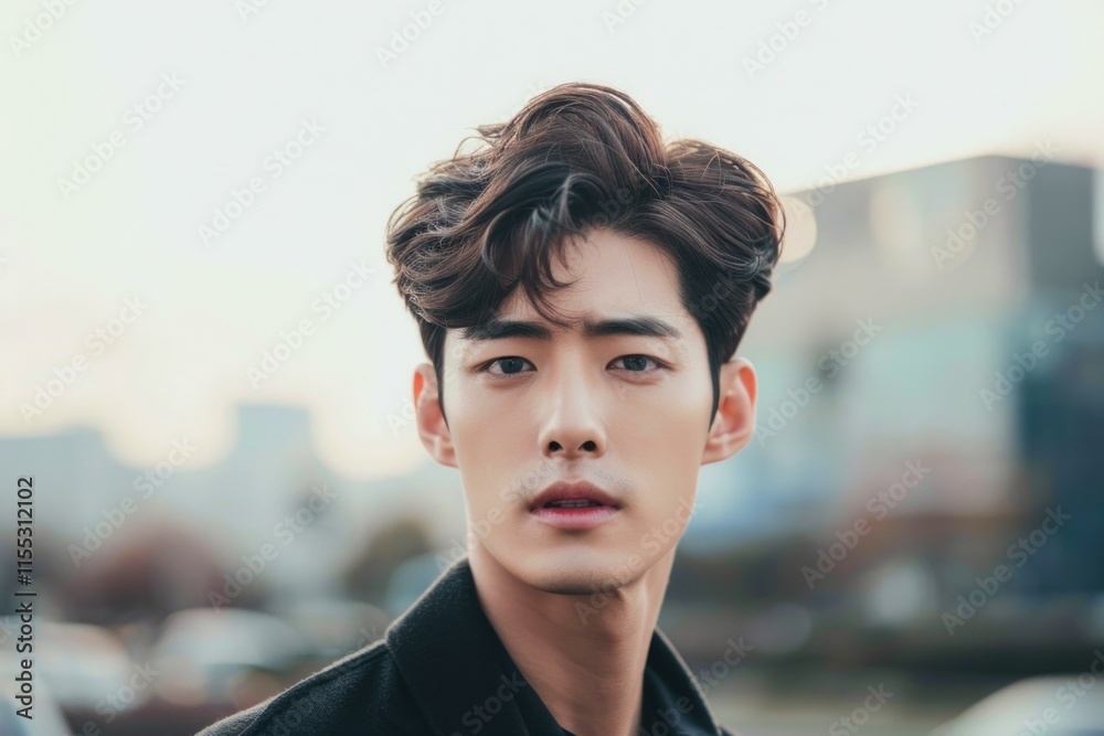 Stylish korean man with modern hairstyle posing in an urban environment