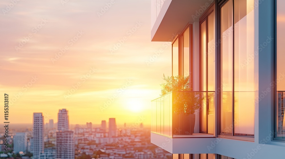 Serene Sunset View from a Modern Balcony with Cityscape Highlights and Vibrant Colors Enhancing the Evening Atmosphere Serene Sunset View from a Modern Balcony with Cityscape Highlights and Vibrant Colors Enhancing the Evening Atmosphere