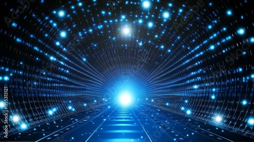 A digital tunnel of light and stars  suggesting travel through space or time.