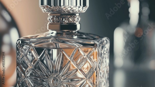 Ultra-realistic ad of luxury cologne bottle with intricate glass design and sleek metallic cap
 photo