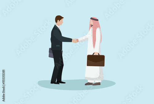 Business concept vector illustration of an Arabic businessman shake hand with western businessman