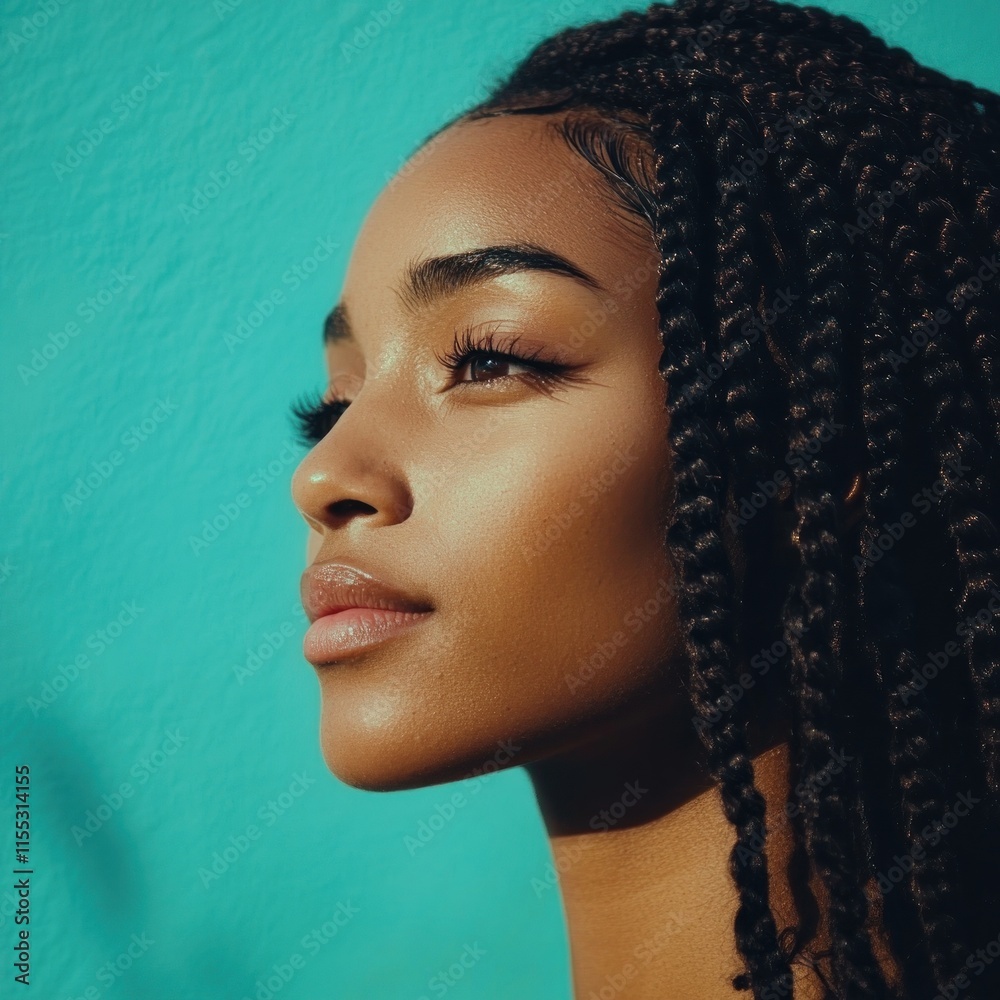 Profile portrait of a person against a vibrant blue background. Profile portrait of a person against a vibrant blue background.