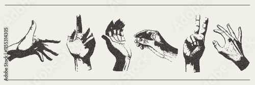 Vector hands set with trendy retro photocopy grain effect. Modern stipple dots texture for design art.