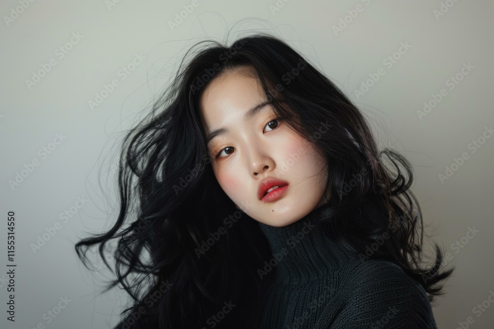 Studio portrait of a stylish young asian woman with long, flowing black hair, showcasing a fashionable makeup look Studio portrait of a stylish young asian woman with long, flowing black hair, showcasing a fashionable makeup look