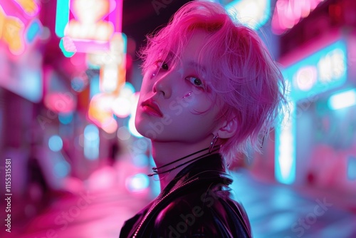 Young musician with pink hair and makeup posing under neon lights in urban nightscape photo