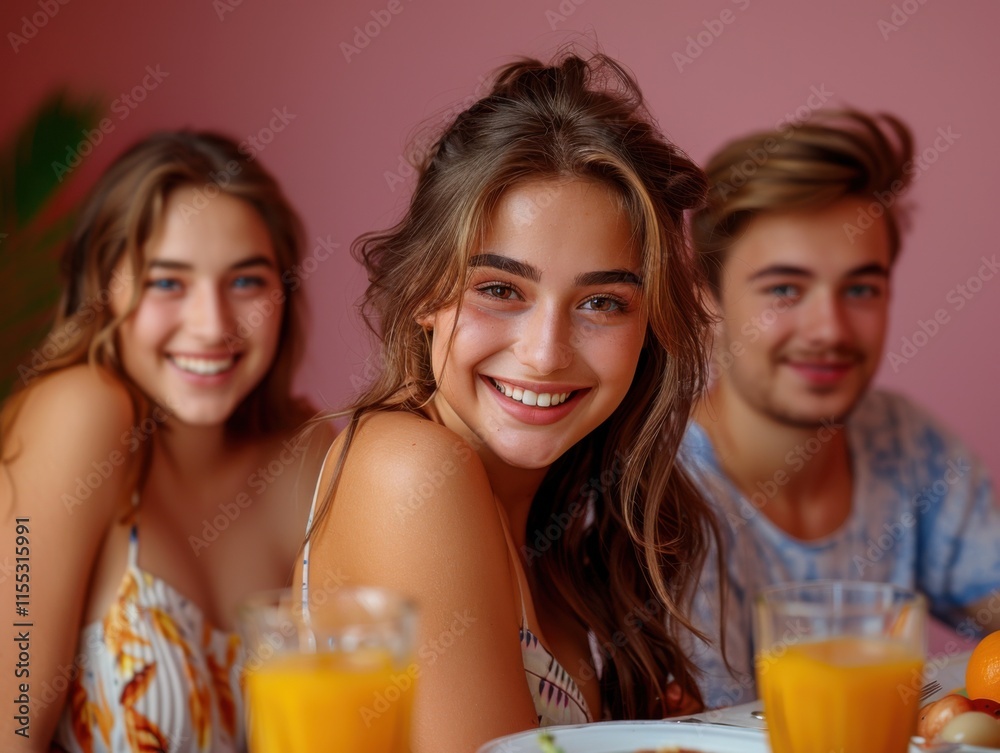 Three smiling teenagers are gathered at a dining table, enjoying time together. A video camera is in use, capturing the joyful moment.