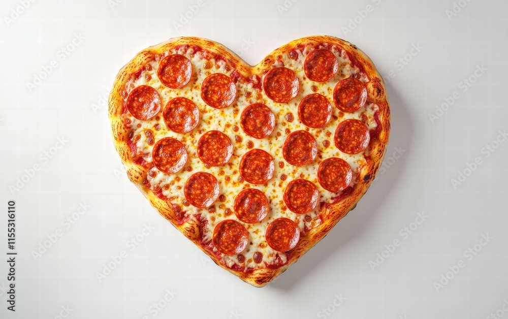 Fototapeta premium A heart-shaped pizza with pepperoni slices arranged in a perfect heart pattern, hovering on a clean white background for Saint Valentines Day