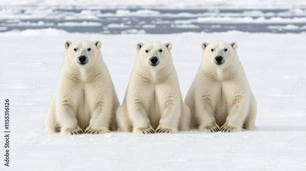 Three Arctic Polar Bears Sitting on Snow with a Serene Background of Ice and Water in the Arctic Environment Three Arctic Polar Bears Sitting on Snow with a Serene Background of Ice and Water in the Arctic Environment