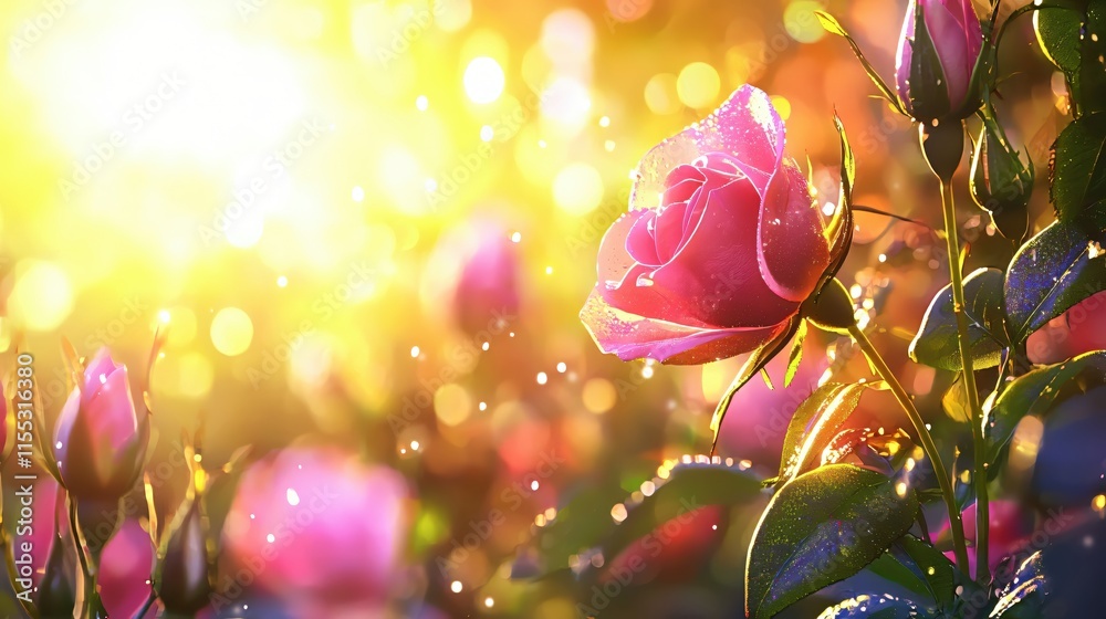 Fototapeta premium Vibrant Pink Roses under Bright Sunlight with Dew Drops