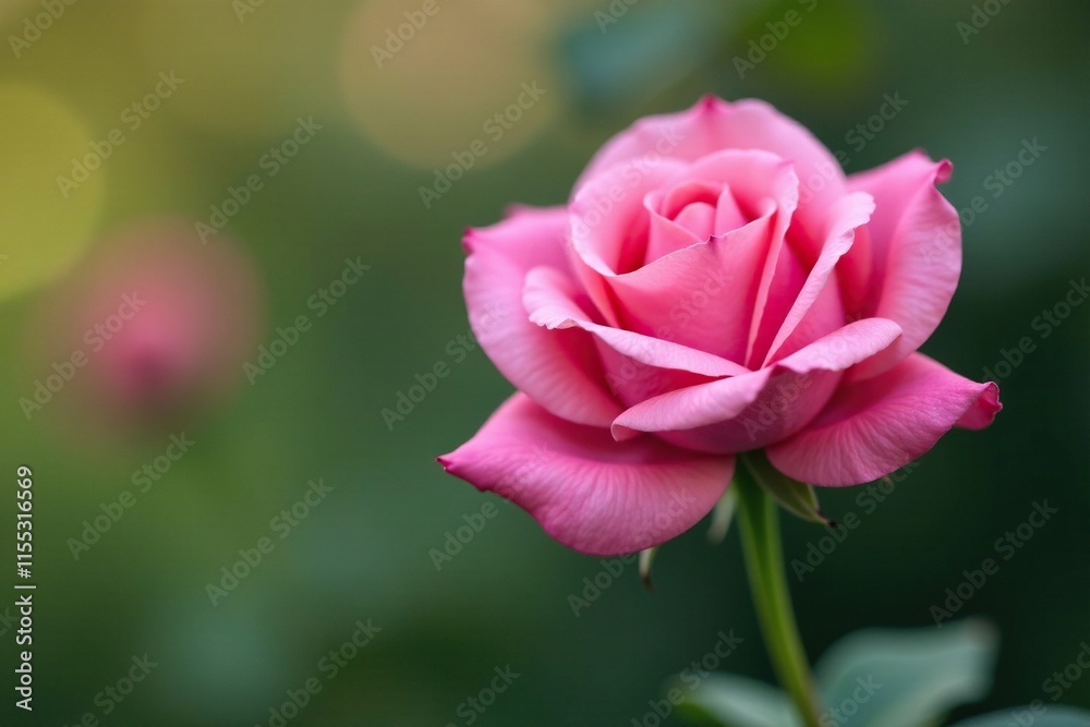 Pink rose with single delicate petal on a short green stem, flower, bloom Pink rose with single delicate petal on a short green stem, flower, bloom