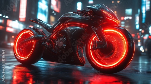Futuristic motorcycle with red neon lights at night.