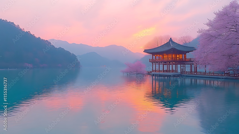 Sunrise over serene lake with pavilion and cherry blossoms. Sunrise over serene lake with pavilion and cherry blossoms.