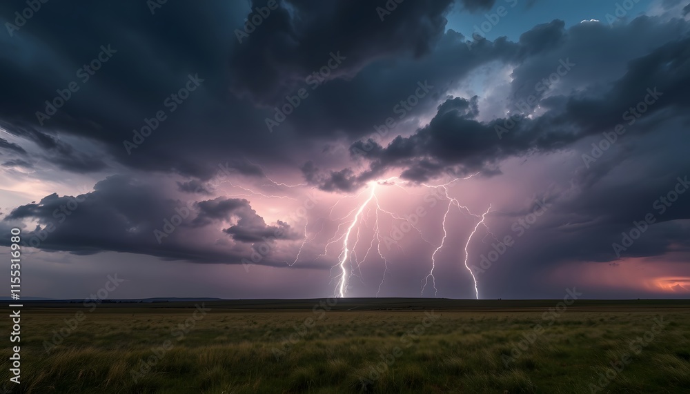 Dramatic Lightning Storm Over a Grassy Plain Dramatic Lightning Storm Over a Grassy Plain