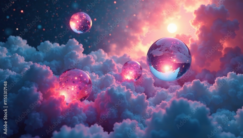 Obraz premium Interconnected spheres suspended in a dreamy atmosphere, atmospheric, surreal