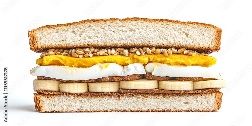 An old photo of the perfect sandwich with banana, eggs, and grains between two slices of white bread on white background An old photo of the perfect sandwich with banana, eggs, and grains between two slices of white bread on white background