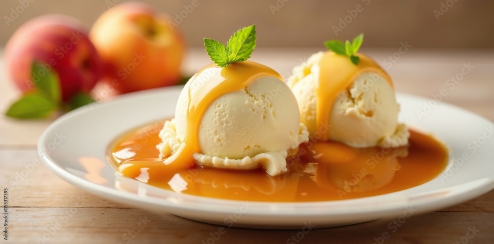 Fototapeta premium Scoops of creamy ice cream nestled in a bed of caramel, sweet, dessert, peach