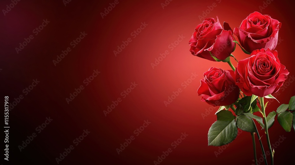 Beautiful Red Roses on Elegant Red Background for Romantic Themes Beautiful Red Roses on Elegant Red Background for Romantic Themes