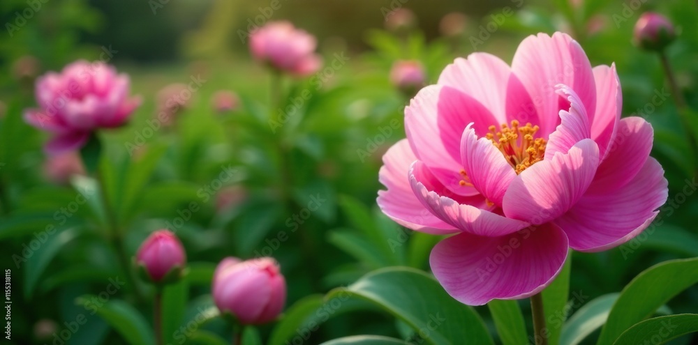 Obraz premium Delicate peonies unfurl their petals in a lush garden, petals, leaves