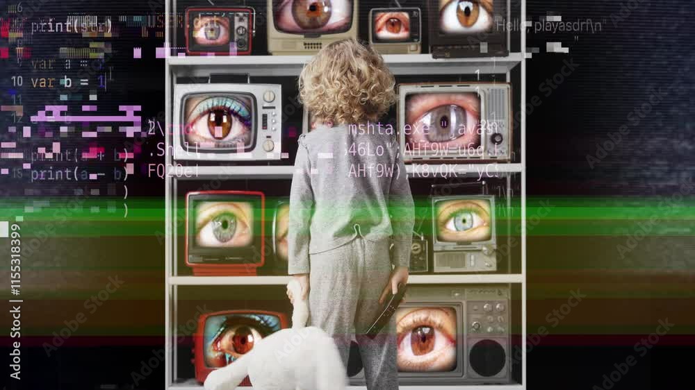small girl watches a televisions wall 