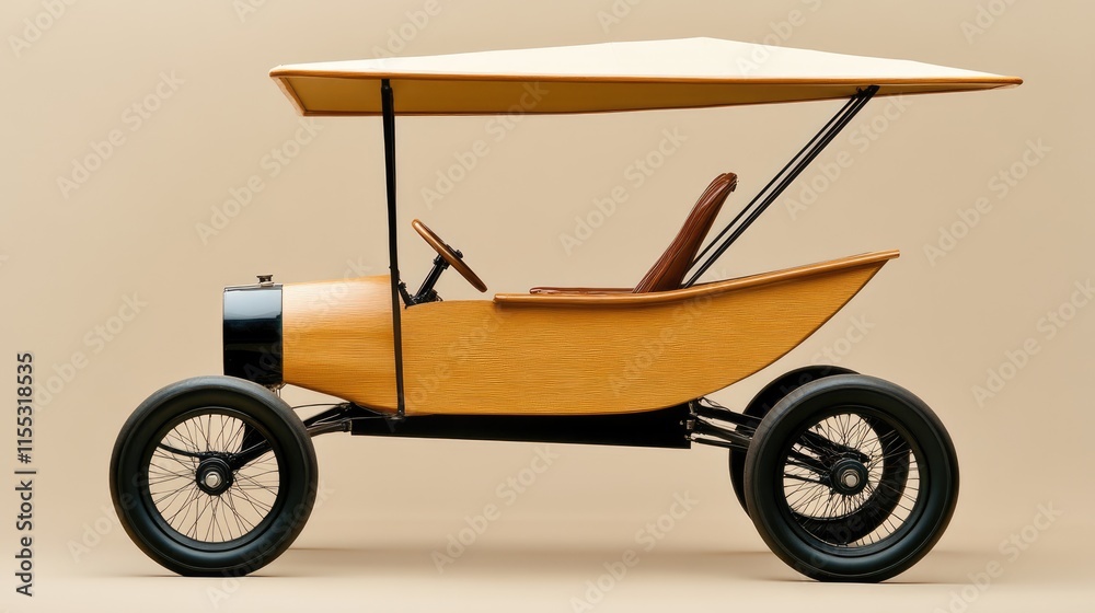 Fototapeta premium Vintage wooden-style car with canopy, showcasing elegant design and retro aesthetics in a minimalist studio setting on beige backdrop