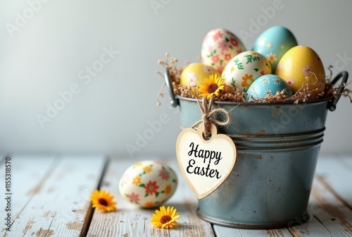 A festive Easter egg display on a rustic wooden table photo