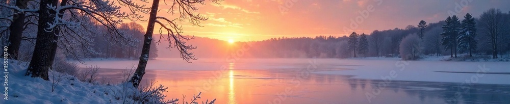 Frosty dawn breaks over the frozen lake of Cootes Paradise with morning sun peeking through the trees, cold, winter, frozen lake Frosty dawn breaks over the frozen lake of Cootes Paradise with morning sun peeking through the trees, cold, winter, frozen lake